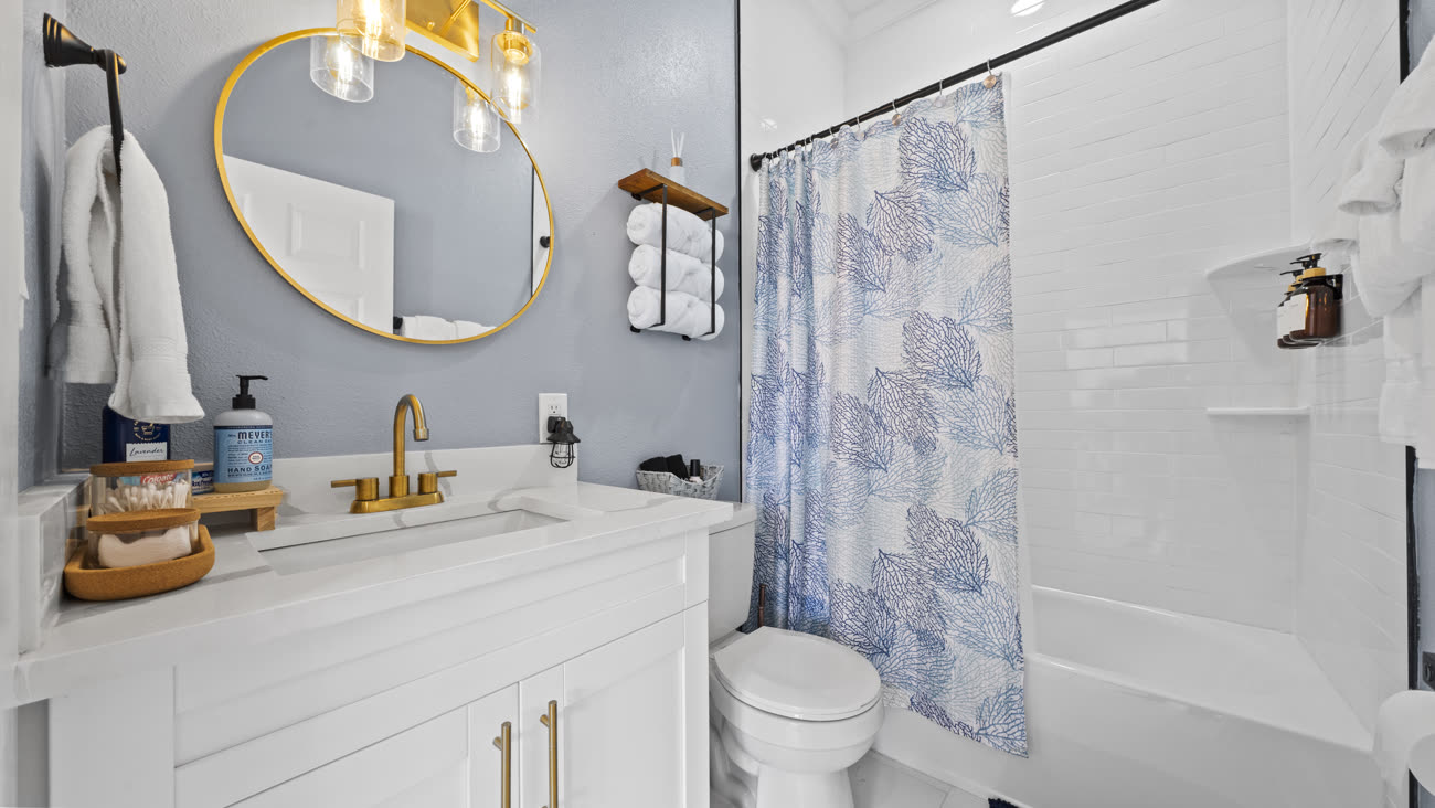Bathroom detail photograph with gold fixtures in a Tampa Bay listing