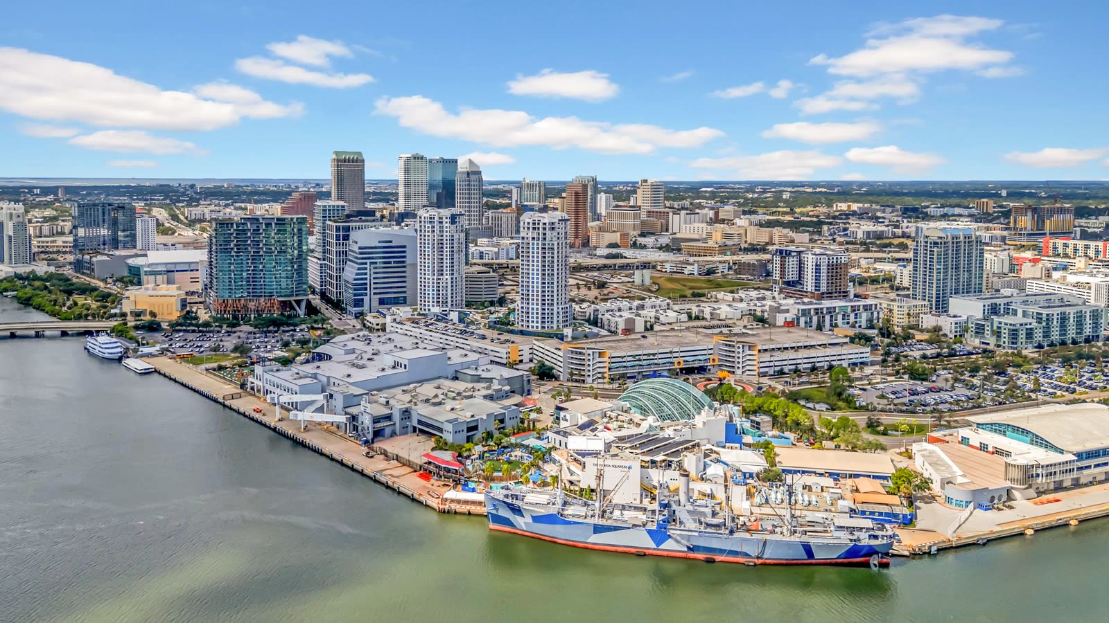 Aerial drone photograph of the downtown Tampa Florida skyline and waterfront