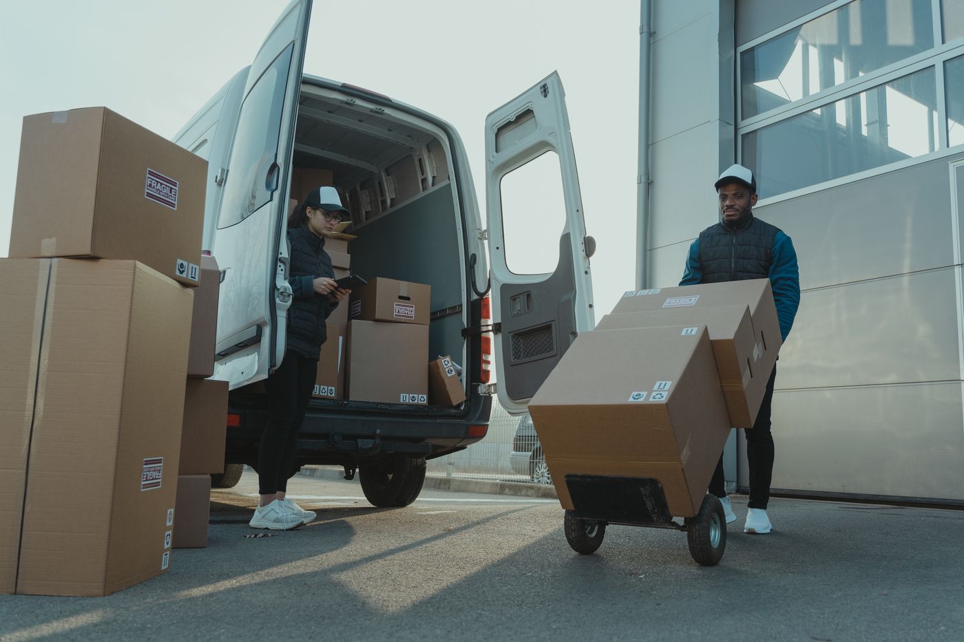 Crew loading boxes onto a truck at a loading dock