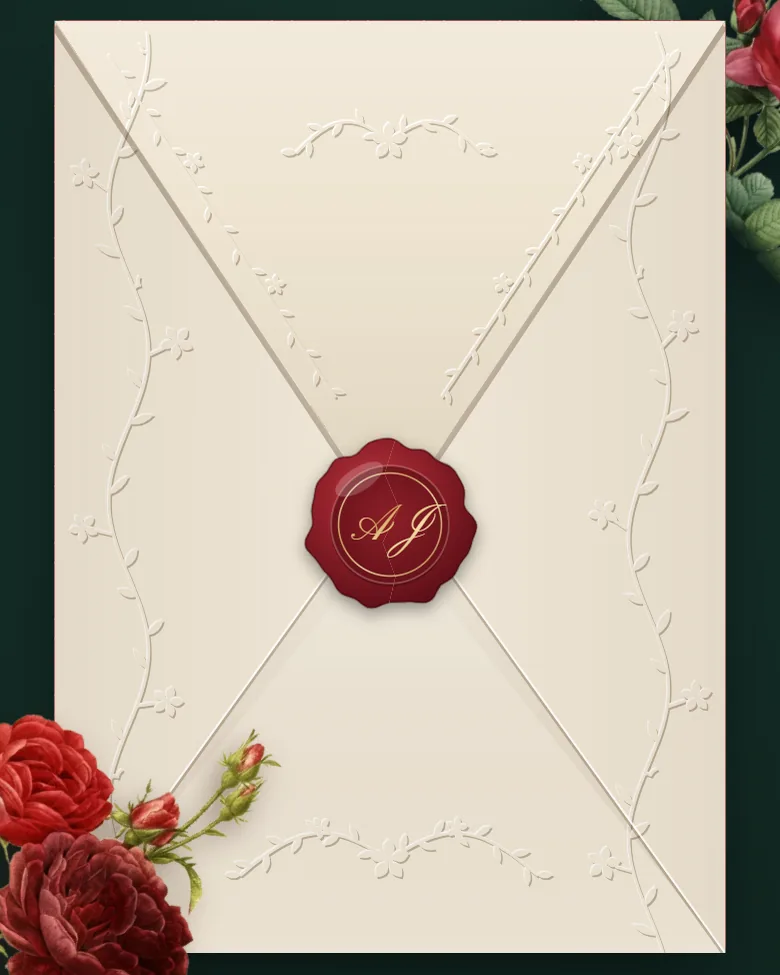 The envelope invitation: a cream envelope with a red wax seal and roses