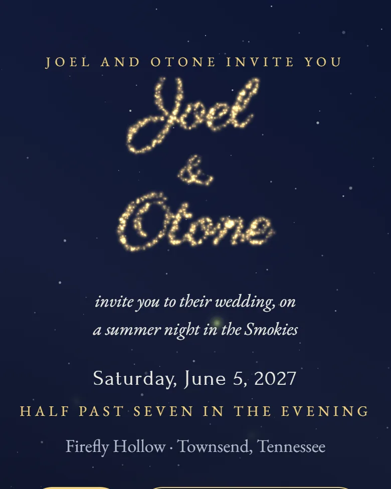The firefly invitation: the couple's names written in glowing fireflies over a night meadow