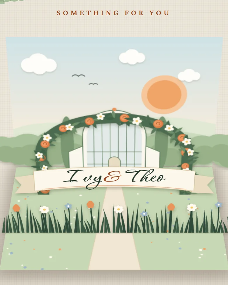 The pop-up invitation: a paper card that unfolds into a layered garden with the couple's names on a banner